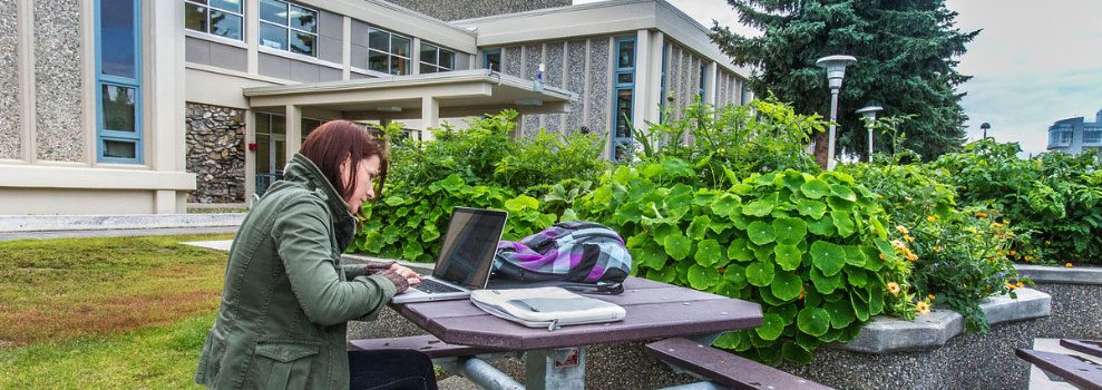 Ͷע students works on her laptop on a table outside on the Fairbanks campus West Ridge