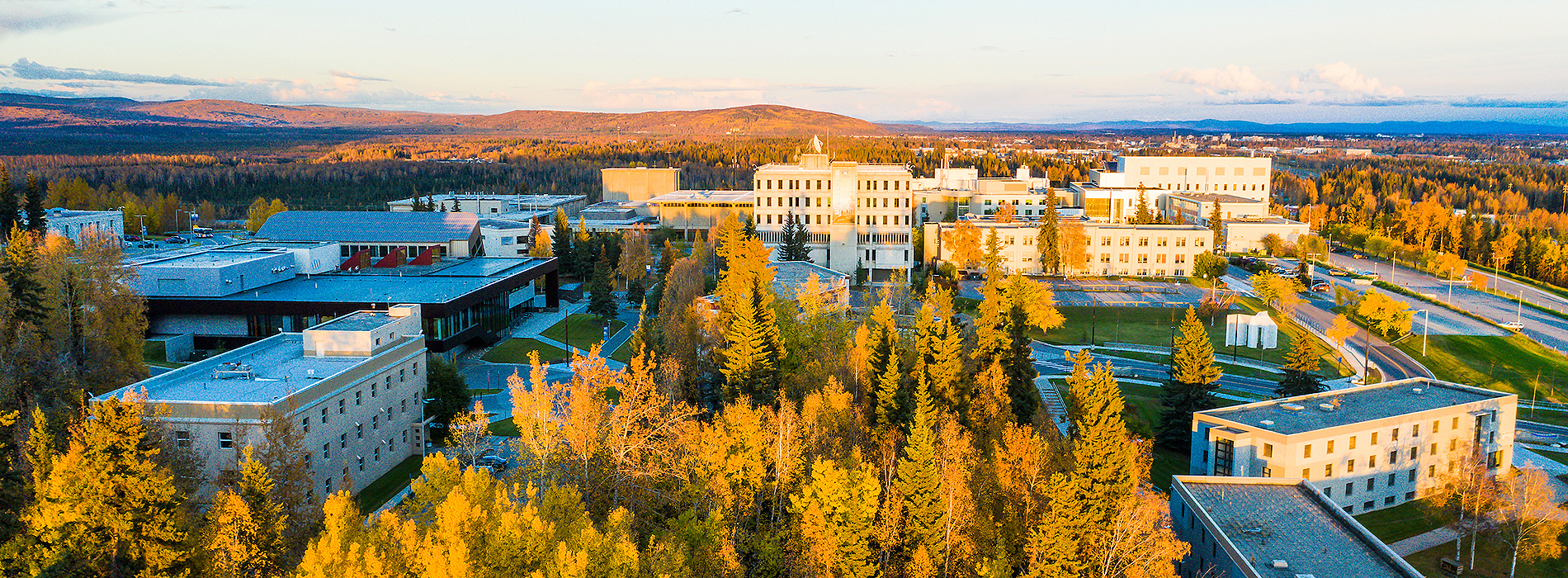 Aerial view of Ͷע Troth Yeddha campus in Fairbanks in autumn.